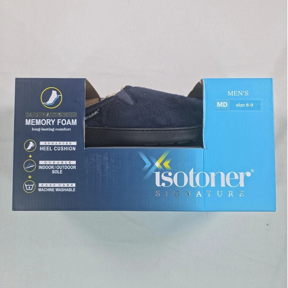 Isotoner Mens Slippers 9.5-10.5 Large Navy Blue Microsuede Memory Foam Moccasin